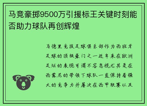 马竞豪掷9500万引援标王关键时刻能否助力球队再创辉煌