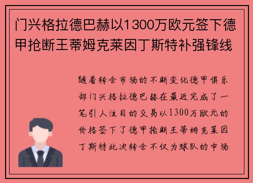 门兴格拉德巴赫以1300万欧元签下德甲抢断王蒂姆克莱因丁斯特补强锋线